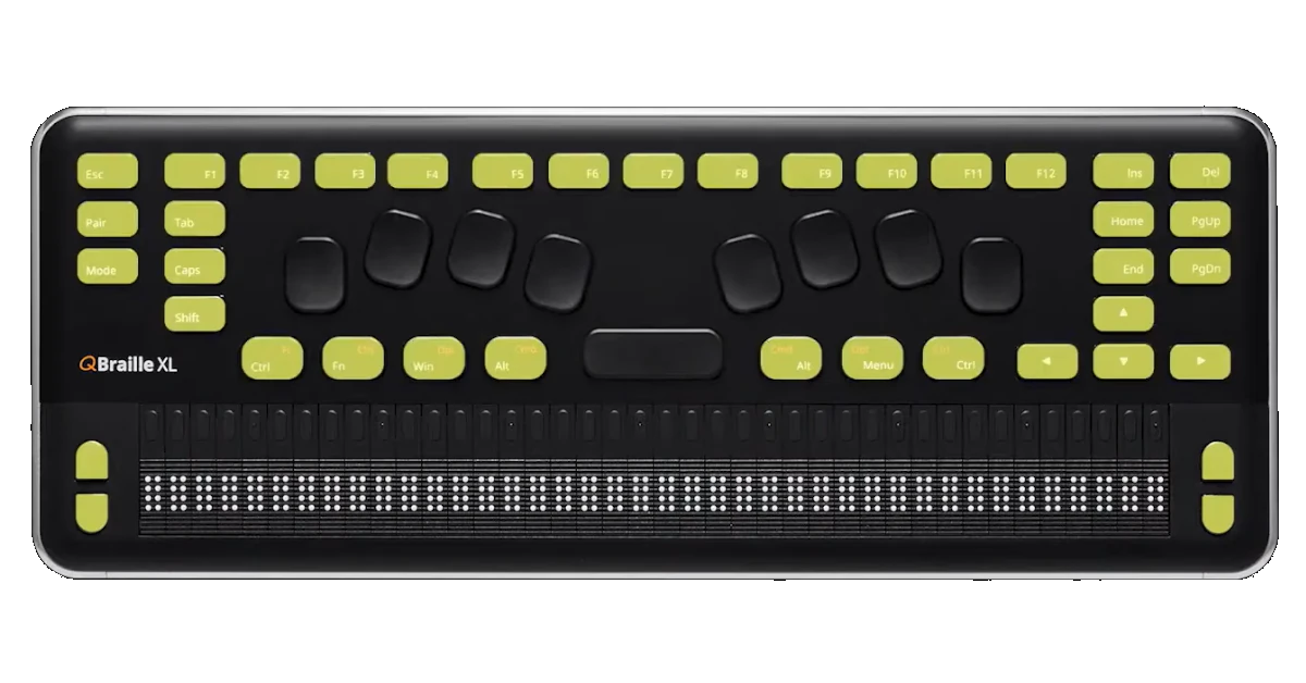 Botões de controle da QBrailleXL sinalizados a amarelo