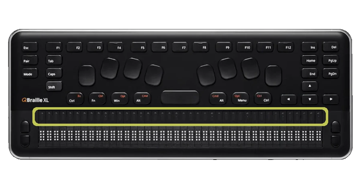 Botões de cursor da QBrailleXL sinalizados a amarelo