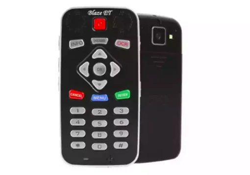 Equipamento portátil de cor preta com câmara de leitura, teclas de navegação e teclado numérico