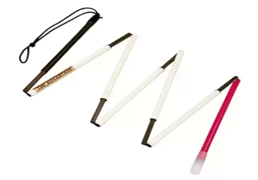 Bengala branca articulada de em fibra de carbono, vermelha na última secção, com ponteira fixa.