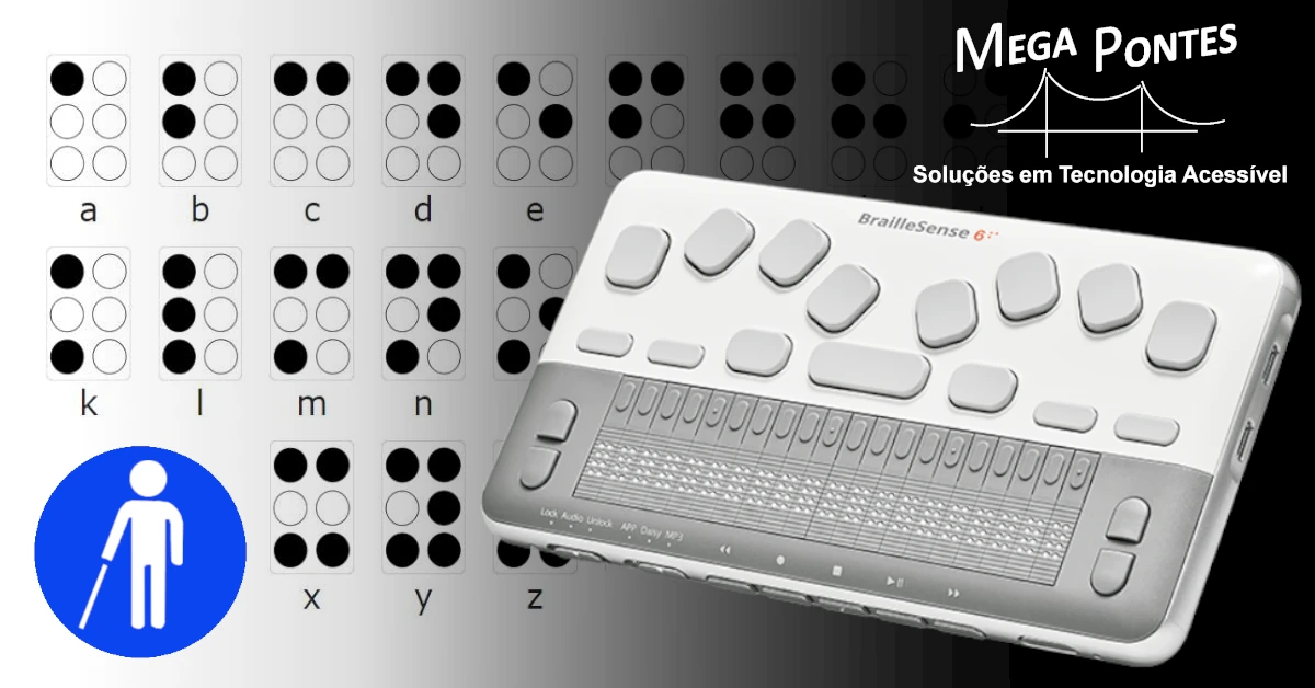 Mão efetua a leitura na linha braille da BrailleSense 6 de design compacto e moderno