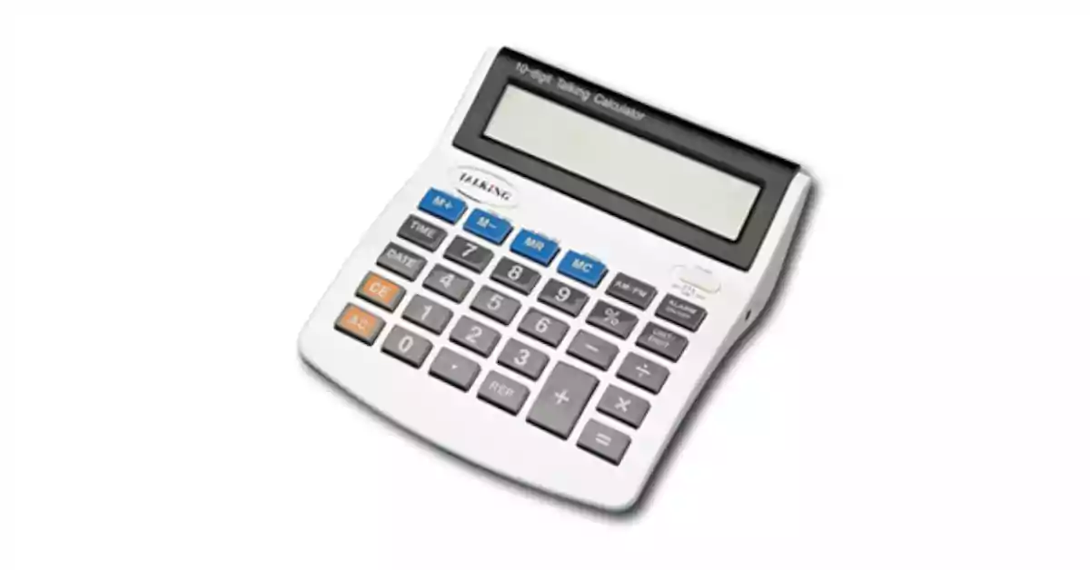 Calculadora branca com ecrã LCD grande de bordo preto e fundo cinza, com teclas pretas grandes