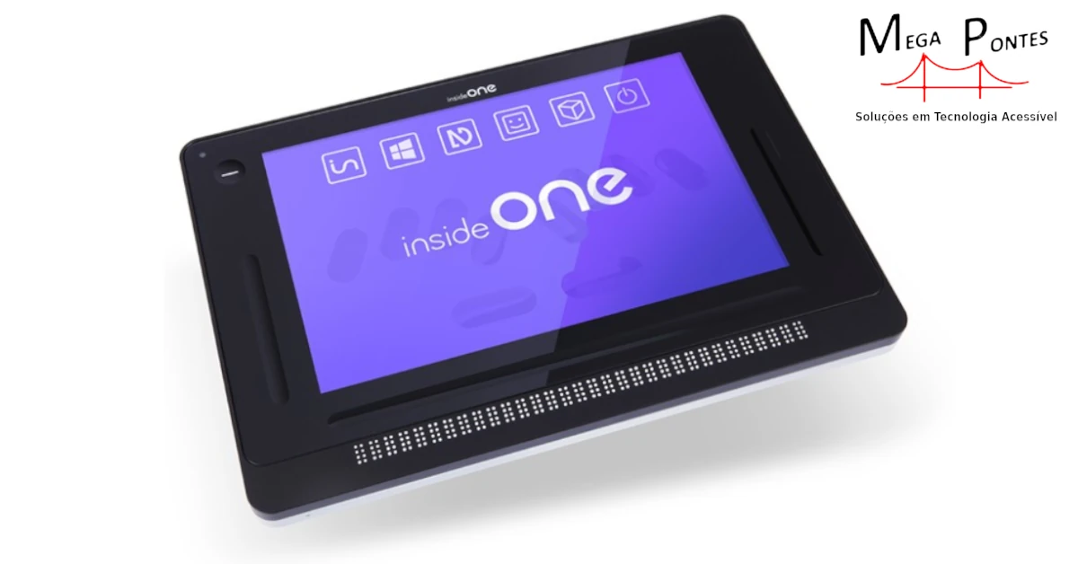 Computador estilo tablet com linha Braille e guias de cursor digitais.