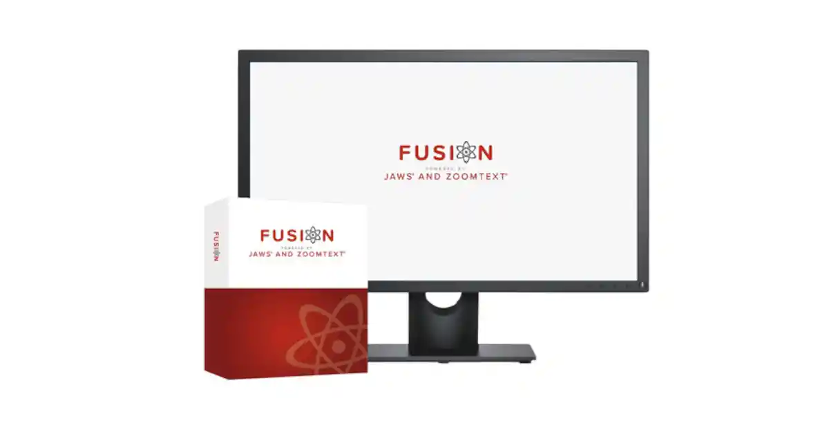 Embalagem do Fusion junto a um monitor de computador