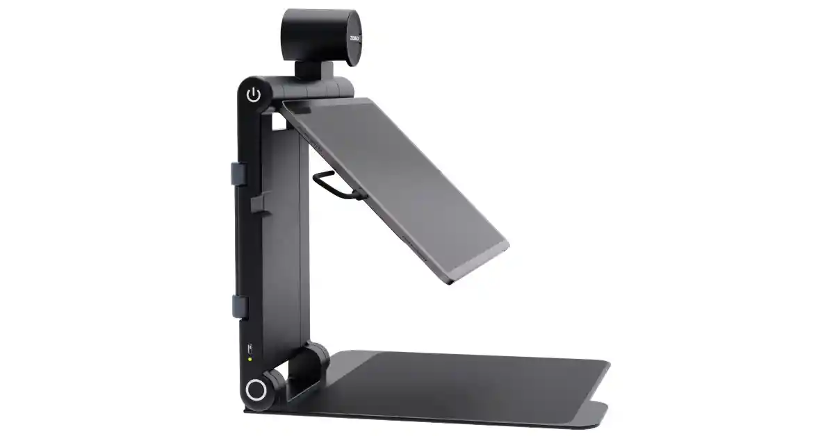 Suporte inteligente com tablet. Funcionamento estável e robusto.