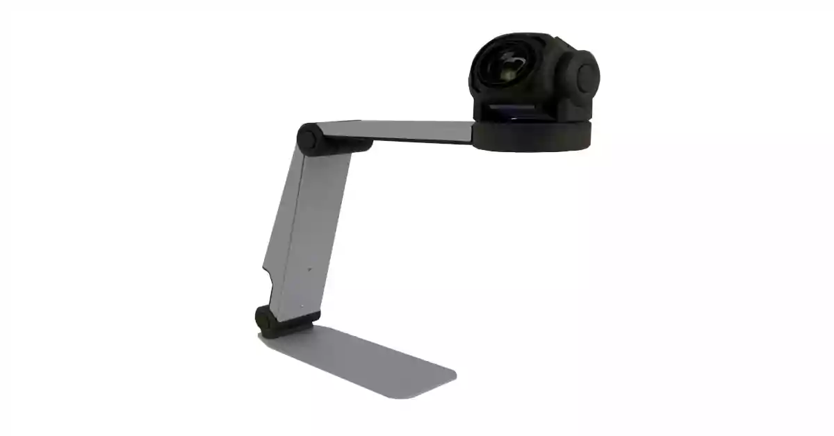 Ampliador de vídeo portátil preto com braço articulado cinza claro