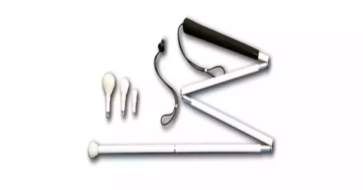 Bengala articulada branca com cabo preto e conjunto de três ponteiras