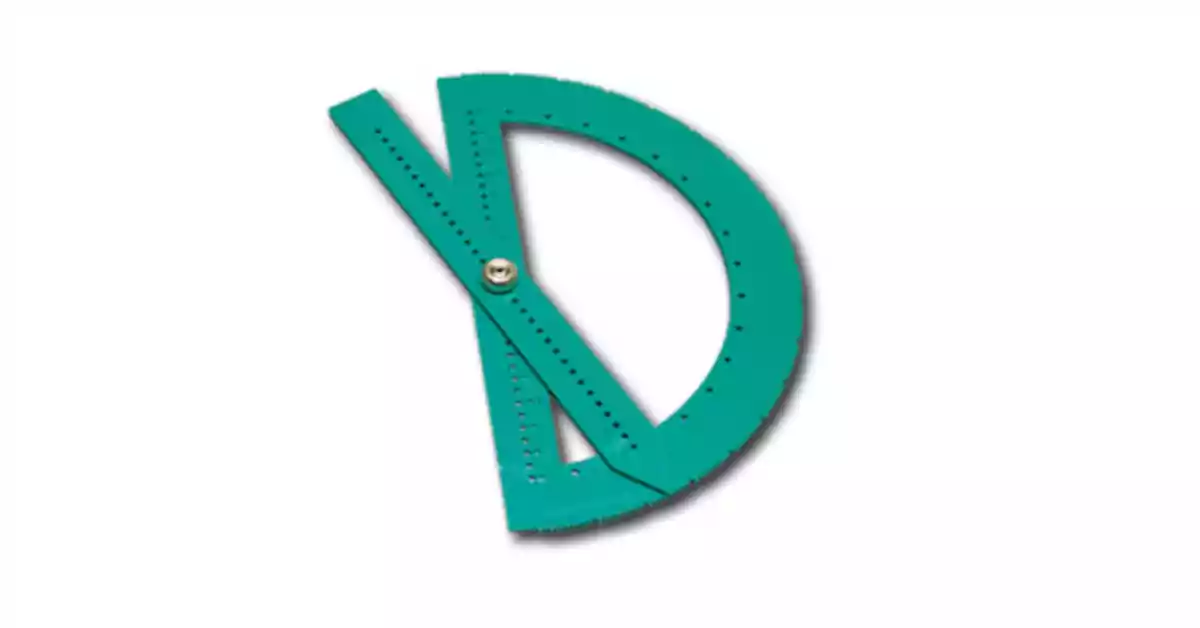 Transferidor verde com régua no eixo, marcas tácteis e orifícios para as medidas