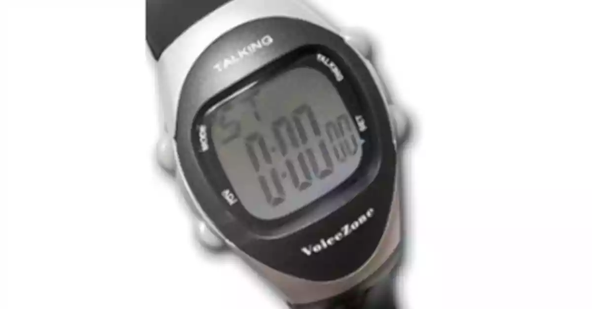 Relógio de pulso com caixa plástica preta e cinzenta oval, mostrador LCD e bracelete preta