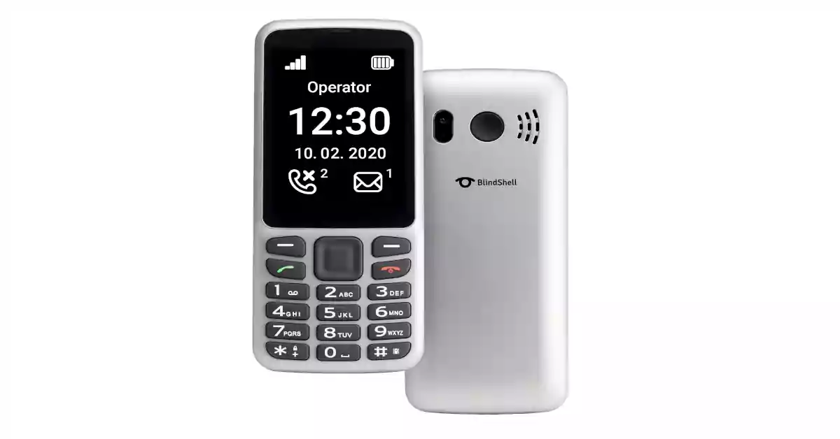 Frente e verso de telefone com teclado cinzento, ecrã de alto contraste e câmara traseira