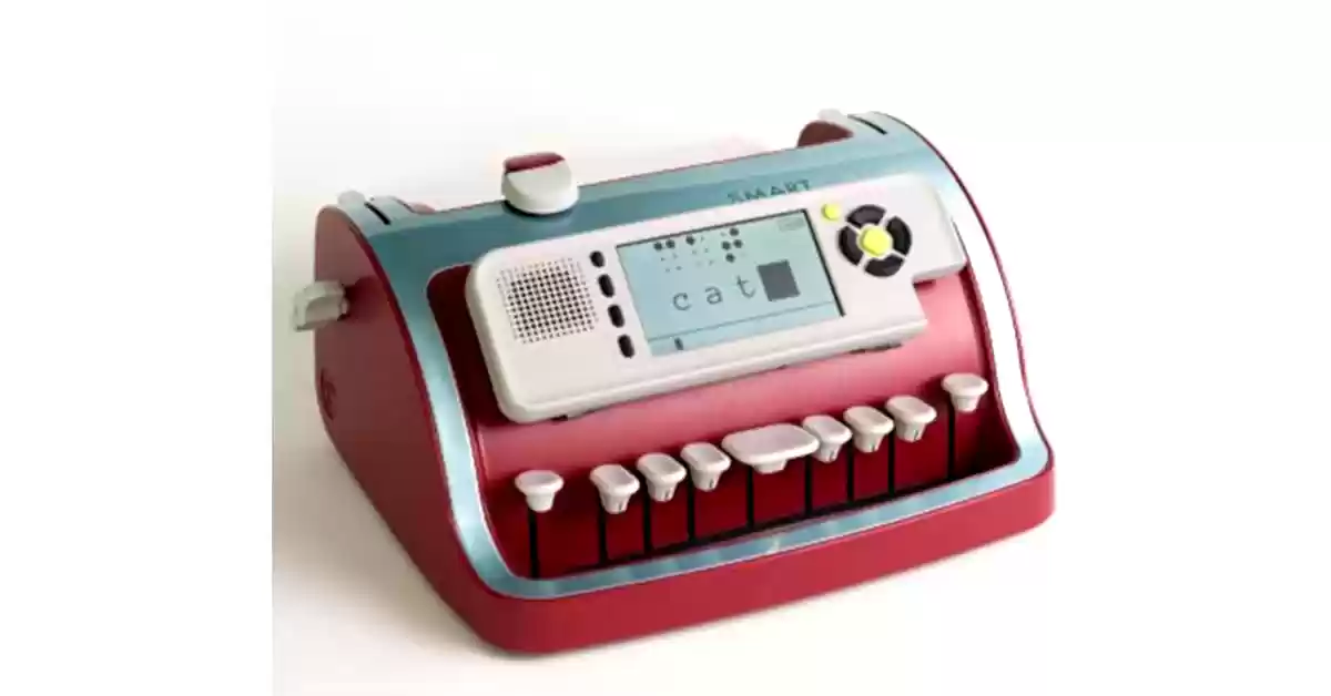 Máquina elétrica para escrita de Braille vermelha standard com visor e teclado Perkins.