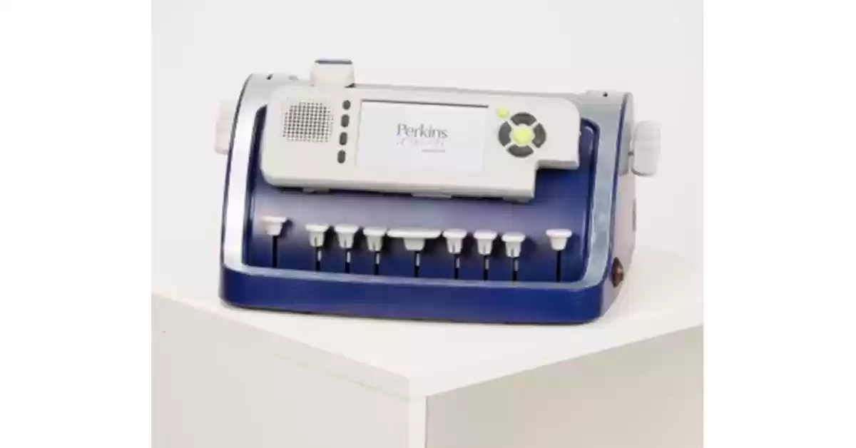 Máquina elétrica para escrita de Braille vermelha standard com visor e teclado Perkins.