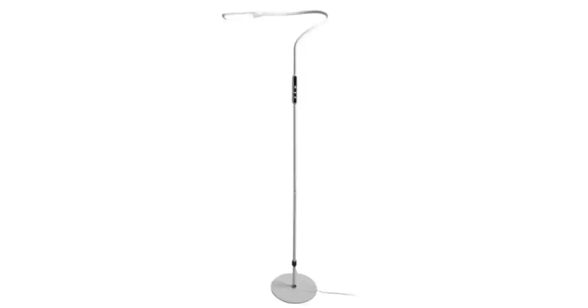 Candeeiro de chão branco com caixa de controlo preta no pé e botões brancos