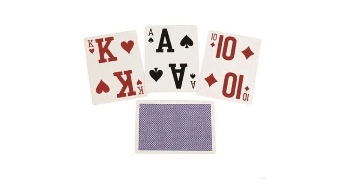 Baralho de cartas com símbolos e caracteres ampliados, verso com padrão azul