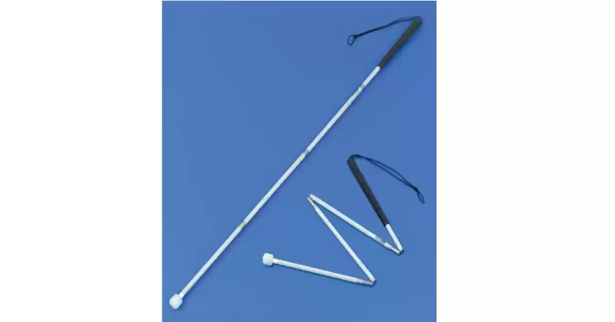 Bengala articulada 135cm em alumínio com ponteira rotativa e punho preto junto a bengala desdobrada.