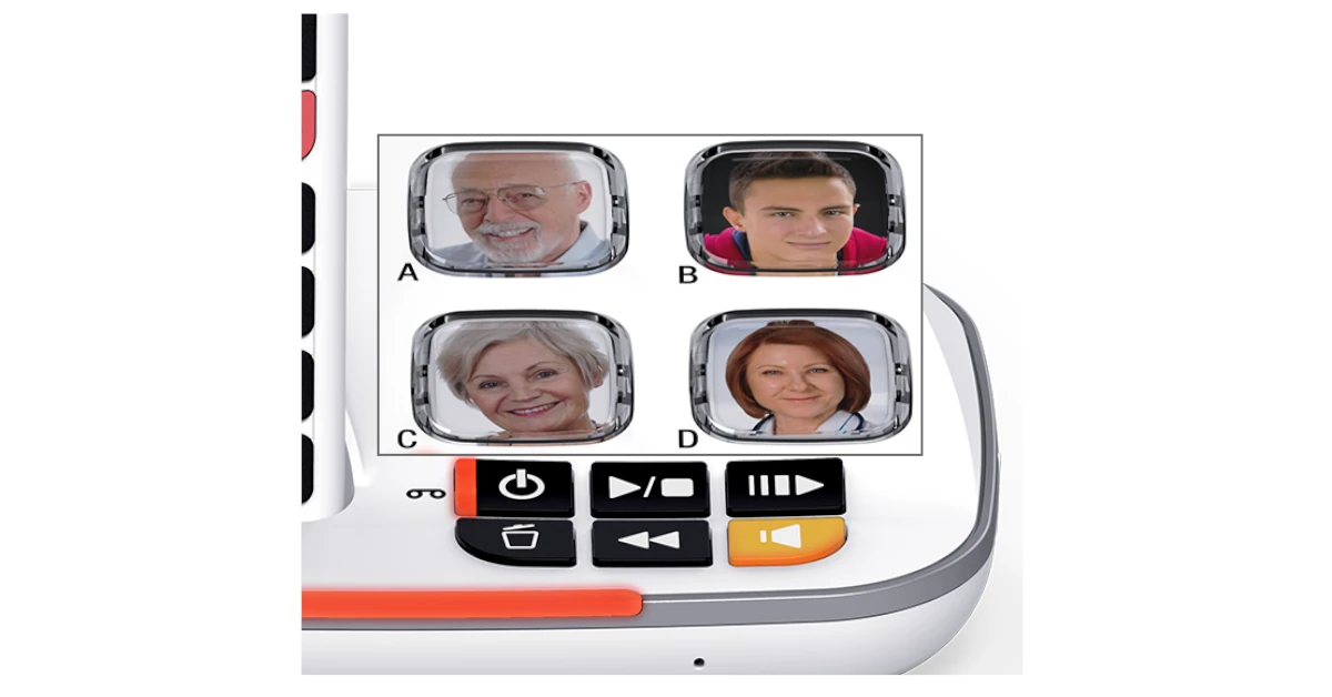 Pormenor das 4 teclas grandes para marcação rápida, cada tecla possui fotografia.