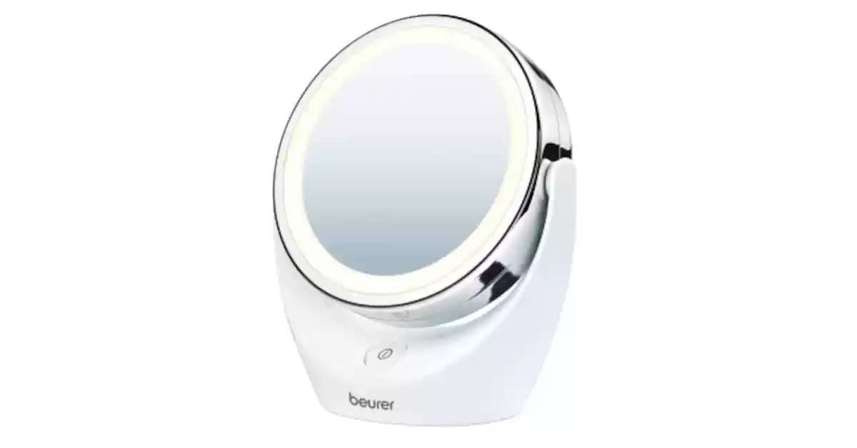 Espelho branco duplo, sem fios, portátil, com suporte e luz LED à volta do espelho.