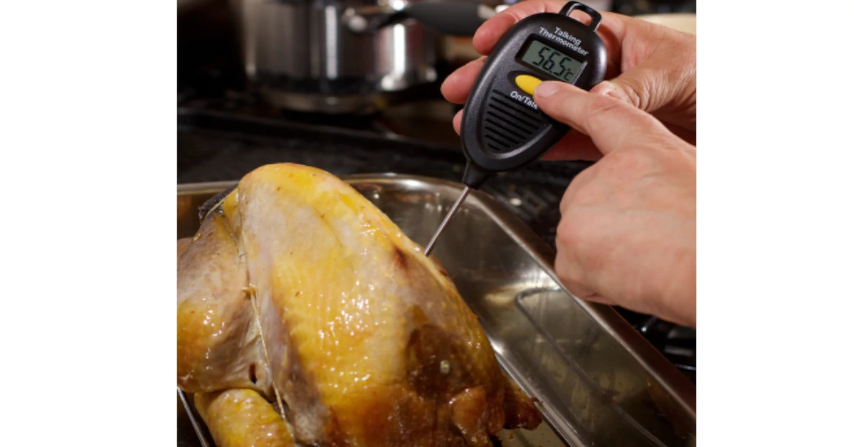 Pessoa a medir com o termómetro de alimentos com voz o ponto de cozedura do frango a assar no forno