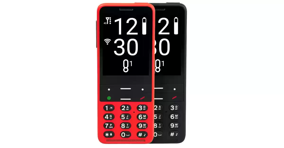 Telefone vermelho ou preto com ecrã ampliado de alto contraste, teclado com botões grandes e tácteis