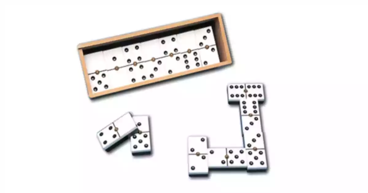 Caixa de dominó em cor de madeira, peças brancas com marcações táteis a preto
