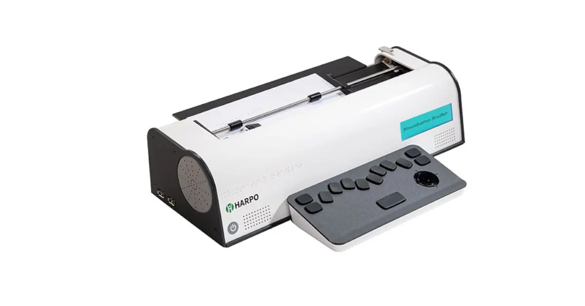 Máquina de Escrita Braille Mountbatten branca com teclado Braille sem fios cor cinza e teclas pretas