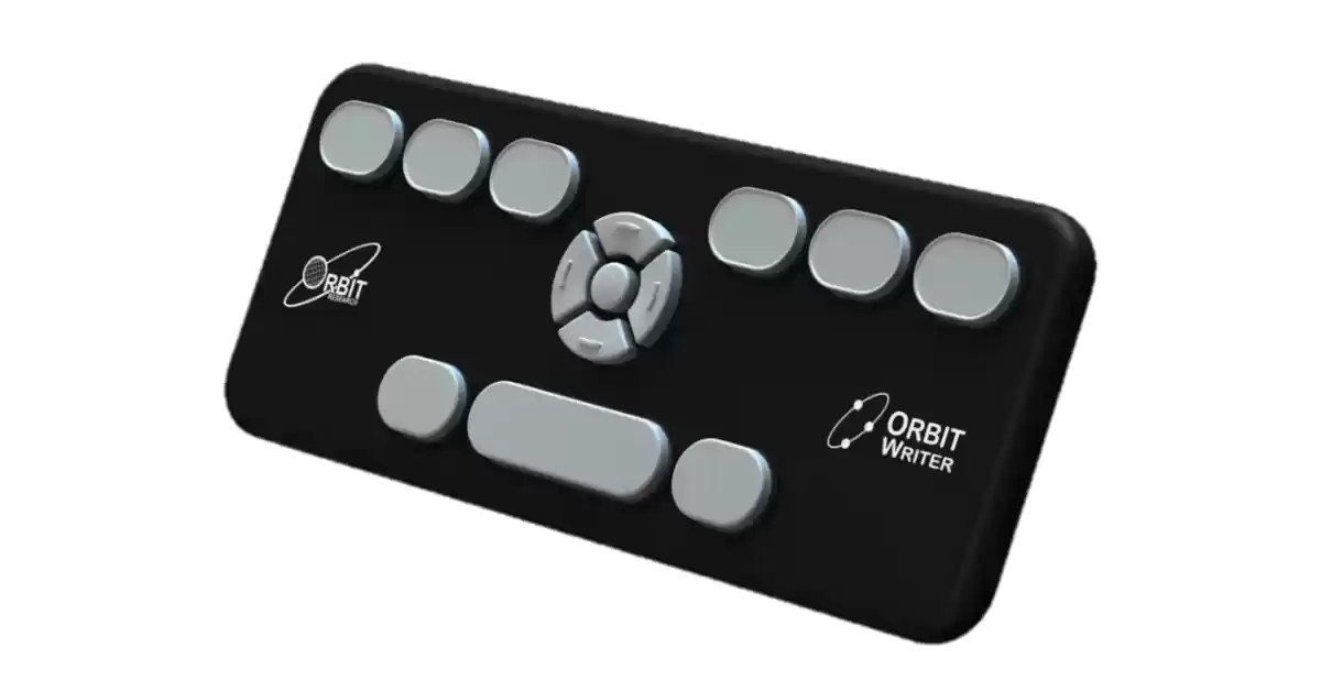 Orbit Writer, teclado Braille portátil preto com teclas ergonómicas estilo perkins brancas