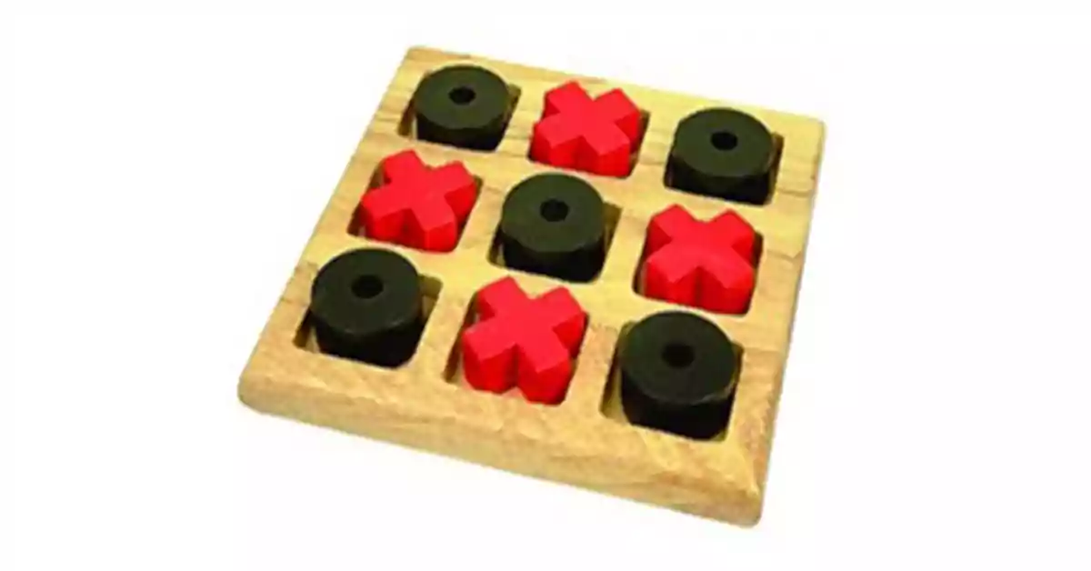 Jogo do galo em madeira, com 5 peças circulares pretas e 4 peças em forma de cruz vermelha