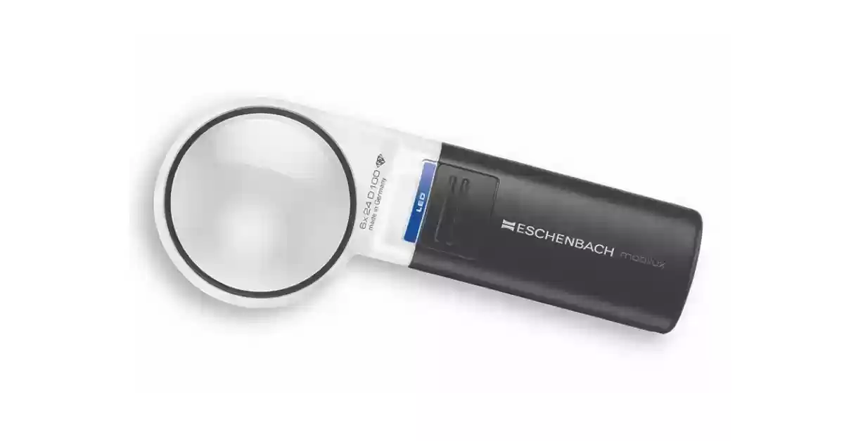 Lupa de mão redonda com luz LED Eschenbach Mobilux, pega preta com interruptor grande.