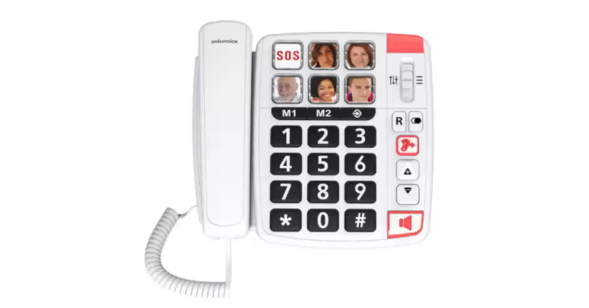 Telefone fixo branco com teclado preto e teclas de marcação rápida com fotografias