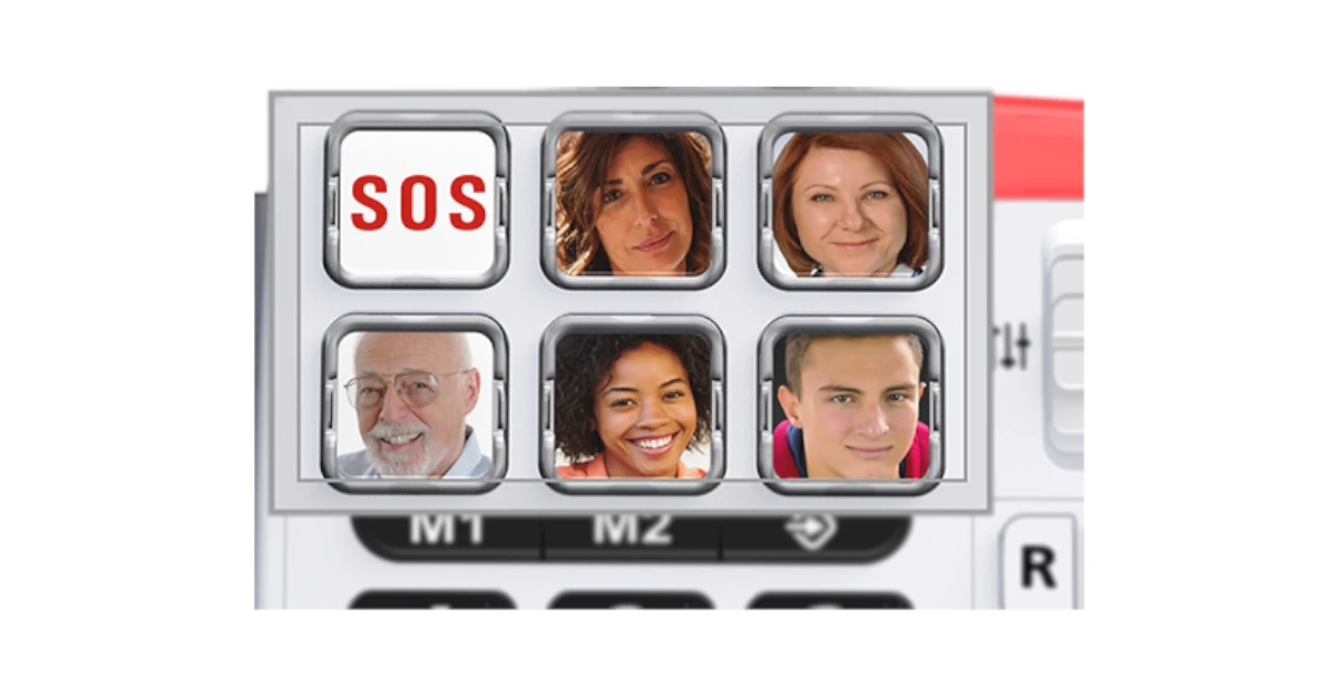 6 teclas grandes para marcação direta com imagem, uma para SOS e cinco com fotografias
