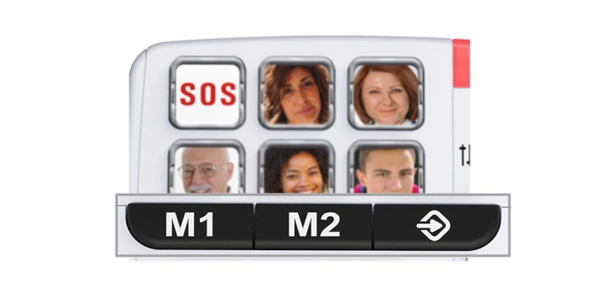 Destaque das teclas pretas para marcação direta com as designações M1 e M2 a Branco