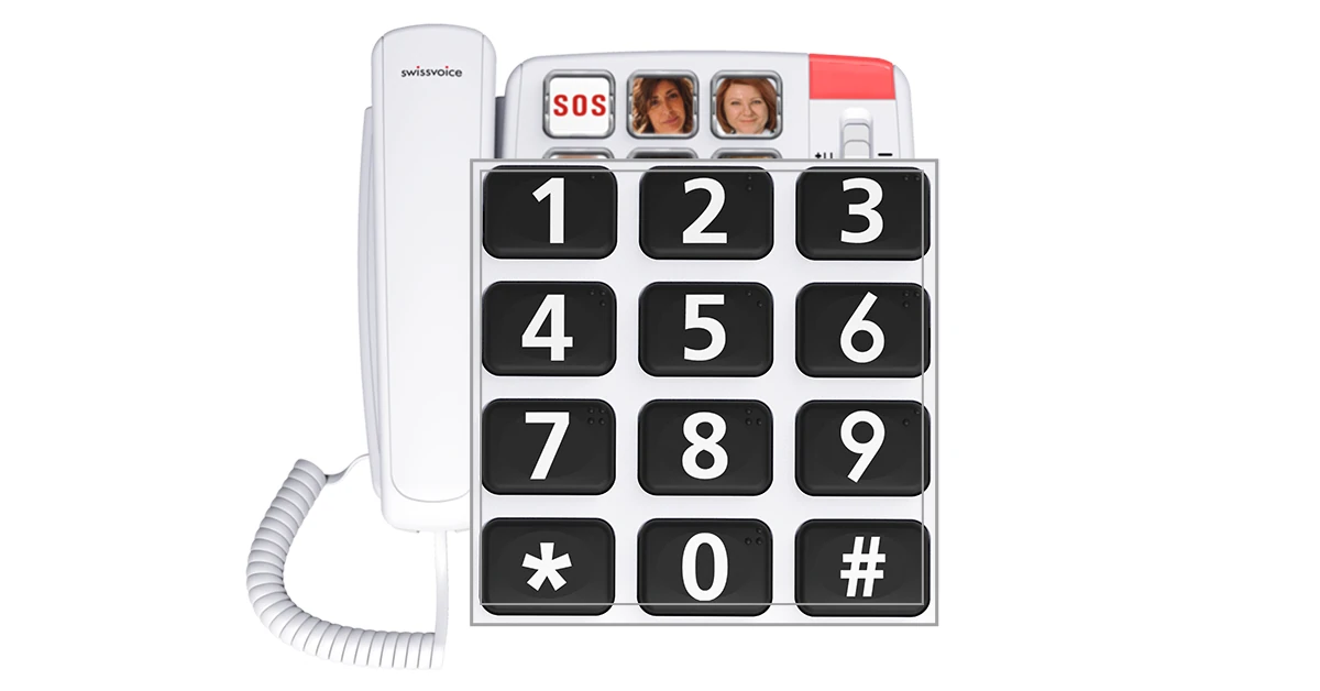 Destaque do teclado de teclas pretas com números brancos ampliados e marcações em Braille