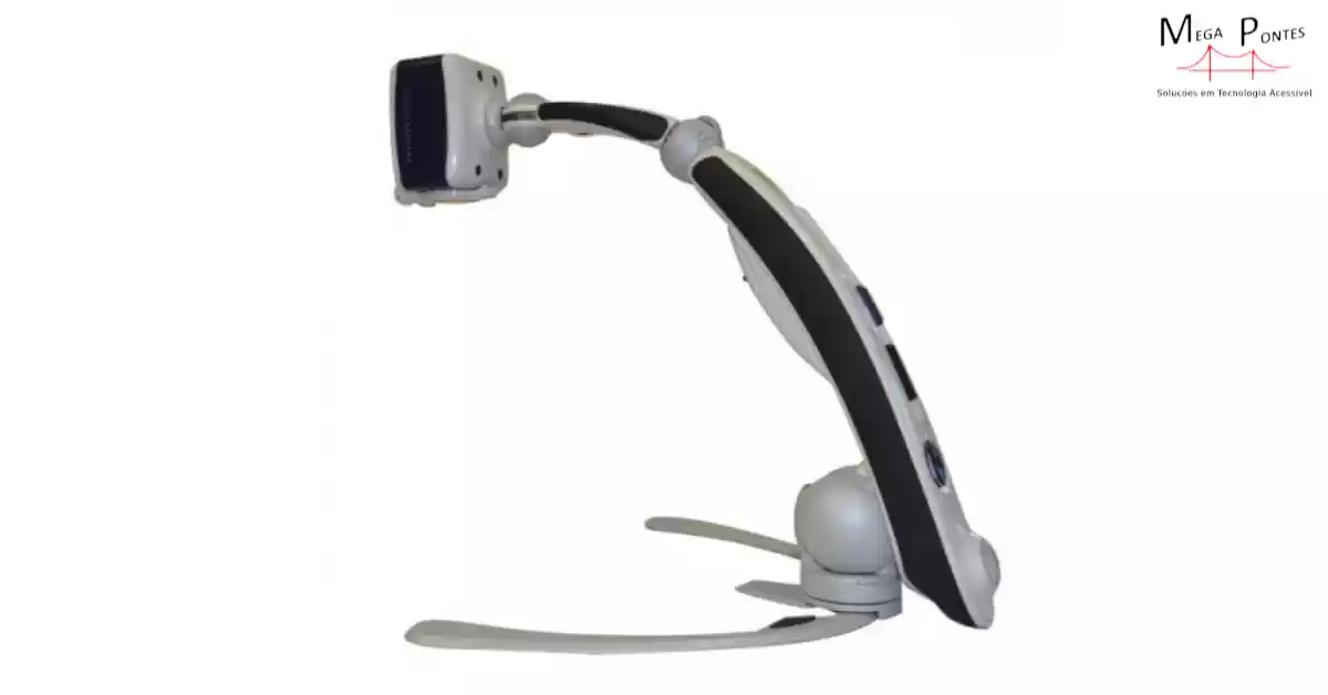 Ampliador de vídeo portátil dobrável com botões de controle acessíveis e câmara rotativa.