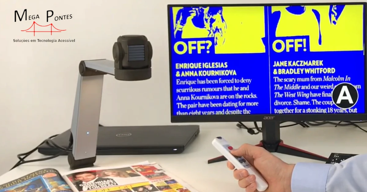 ZoomCam Speech a ampliar uma revista para um ecrã, ampliação controlada por controlo remoto
