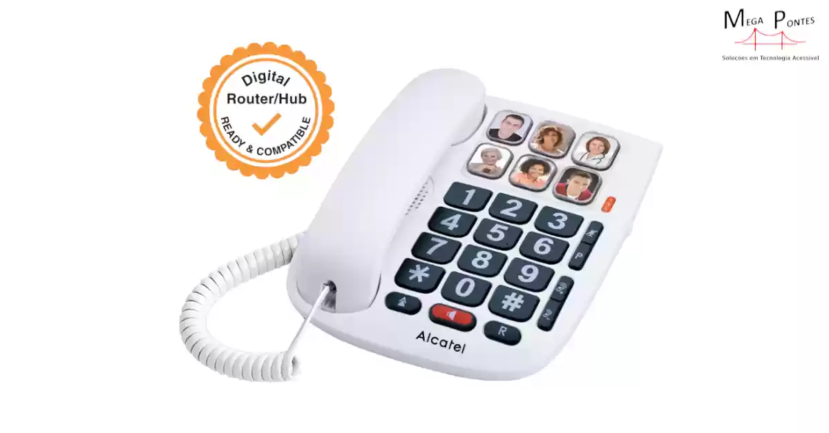 Telefone fixo branco com teclado ampliado preto e teclas de marcação rápida com fotografias