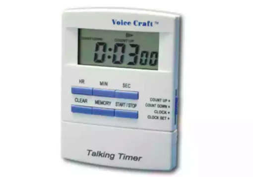 Temporizador de cozinha branco com ecrã LCD de números grandes e 6 botões azuis para controle