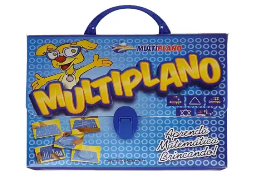 Mala azul do kit Multiplano com o desenho de um cão e a inscrição: Aprenda matemática brincando!