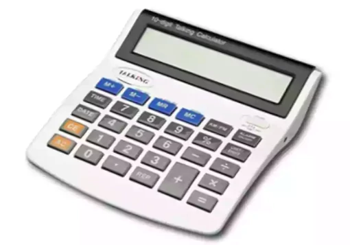 Calculadora branca com ecrã LCD grande de bordo preto e fundo cinza, com teclas pretas grandes