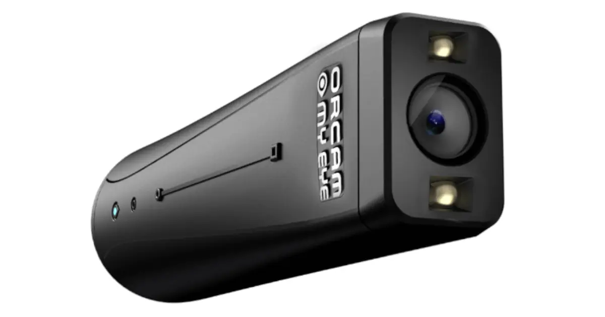 Leitor Orcam MyEye preto com câmara de leitura