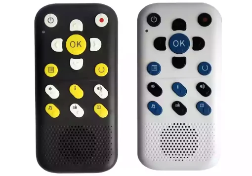 Dois leitores/gravadores digitais, um preto outro branco, com teclas de funções e navegação