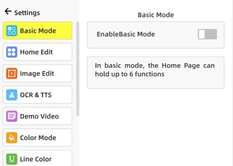 Ecrã com configurações do modo básico