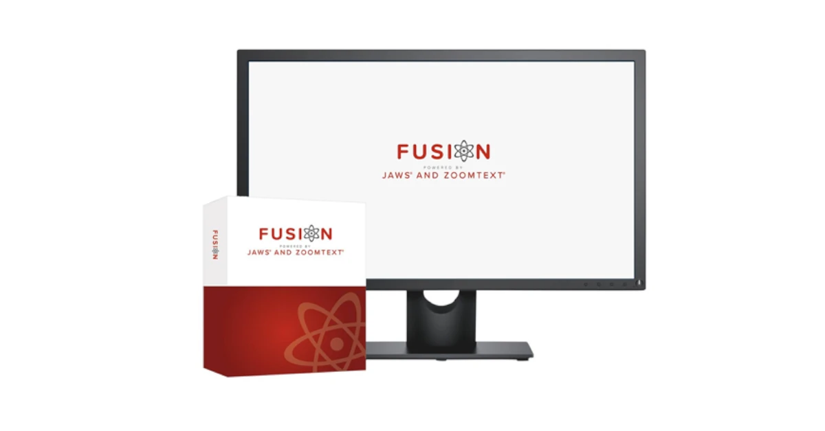 Embalagem do ampliador e leitor de ecrã Fusion junto a um monitor de computador