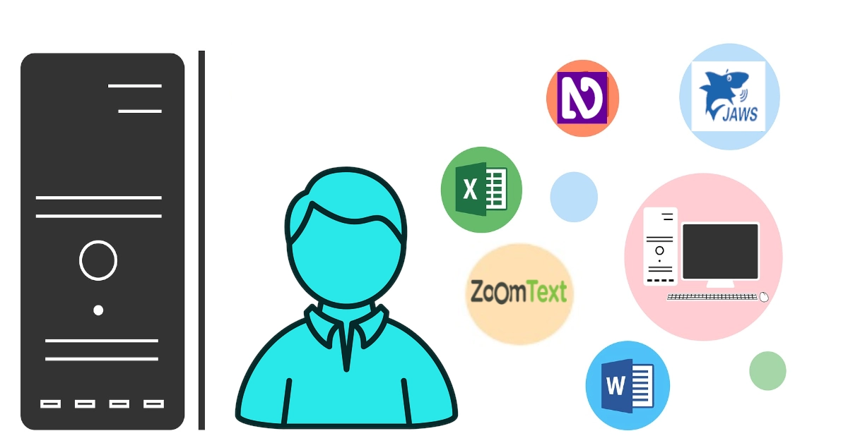 Simbolo de utilizador junto a computador e bolas coloridas com símbolos de vários softwares