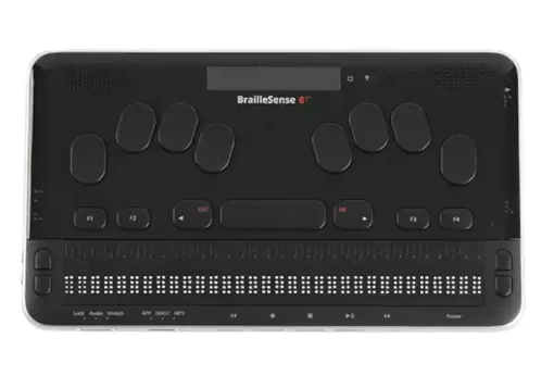 Bloco de notas preto com linha Braille de 32 células e teclado estilo Perkins. Visor LCD incorporado