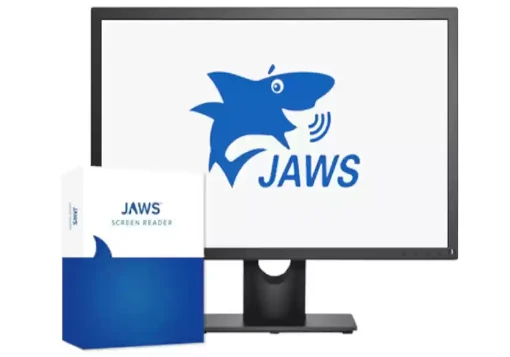 Embalagem do leitor de ecrã JAWS junto a um monitor com o logo de um tubarão a falar
