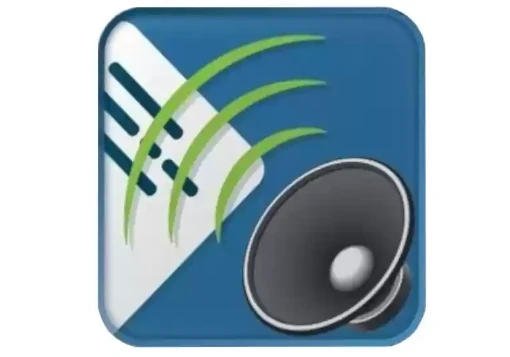 Símbolo de fundo azul com um altifalante cinzento a emitir 3 ondas de som a verde