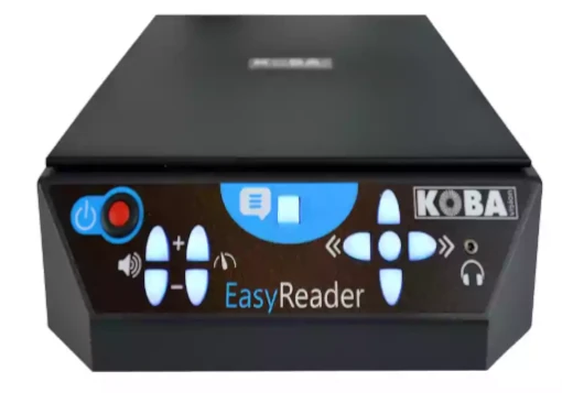 Máquina de leitura de documentos preta com botões de regulação e navegação brancos