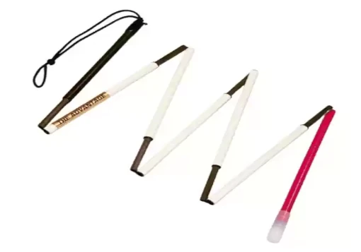 Bengala branca articulada de em fibra de carbono, vermelha na última secção, com ponteira fixa.