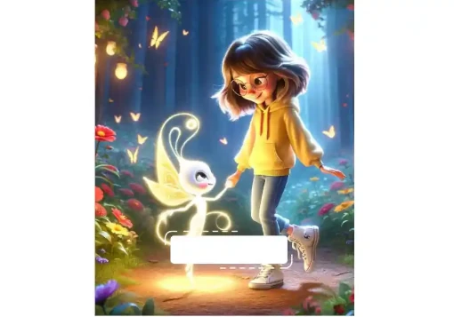 Capa de caderno com menina a andar pela floresta de mãos dadas com uma pequena fada