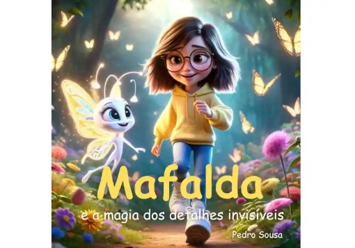 Capa de livro com menina de óculos alegre a andar pela floresta com uma pequena fada